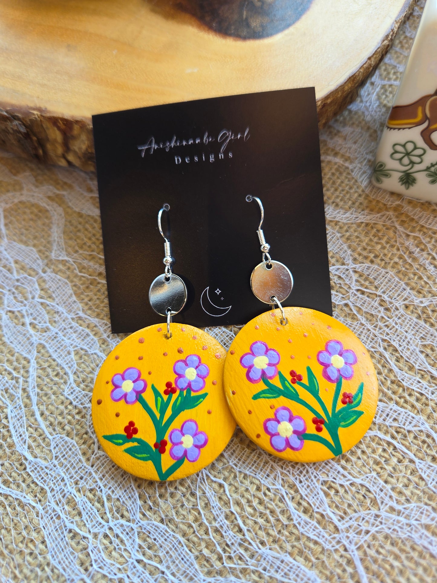 Floral Painted Circle Earrings