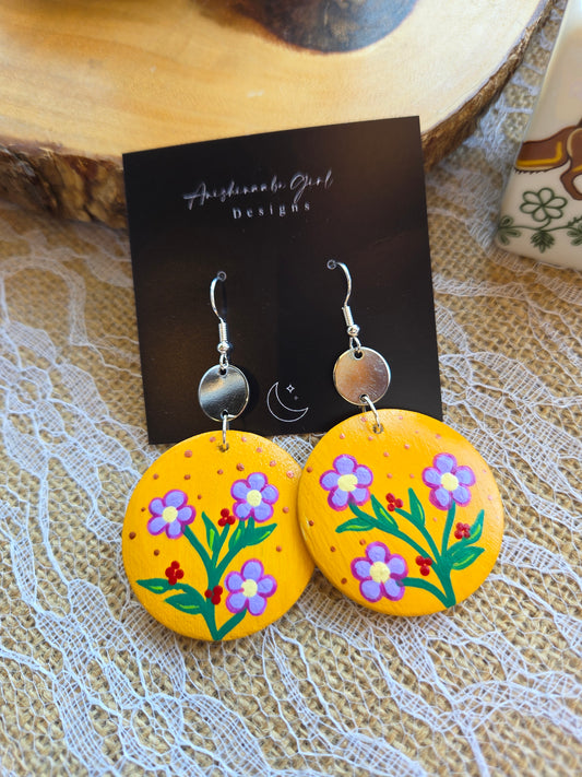 Floral Painted Circle Earrings