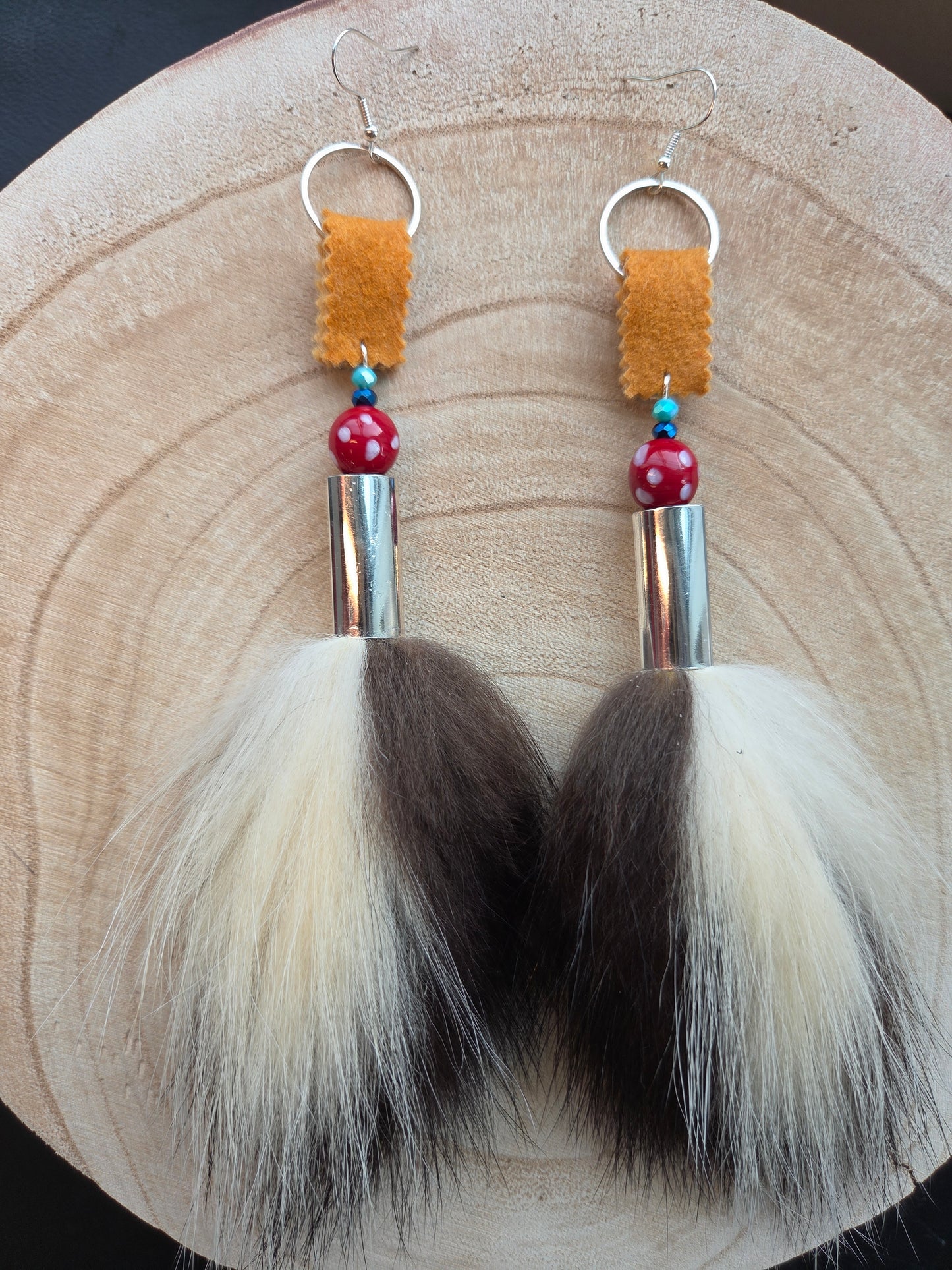 Skunk Medicine Earrings - Smoked Moosehide & Skunk Beads