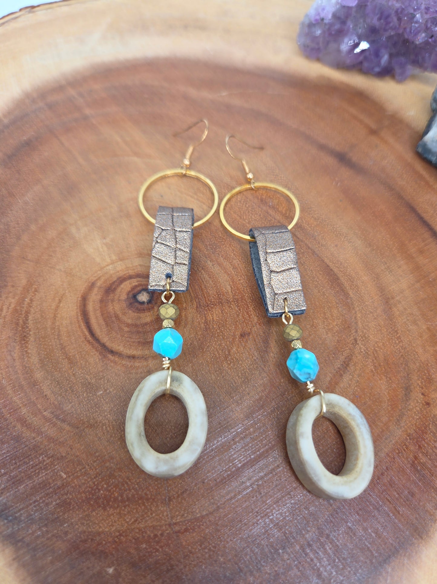 Caribou Antler and Turquoise Drop Earrings