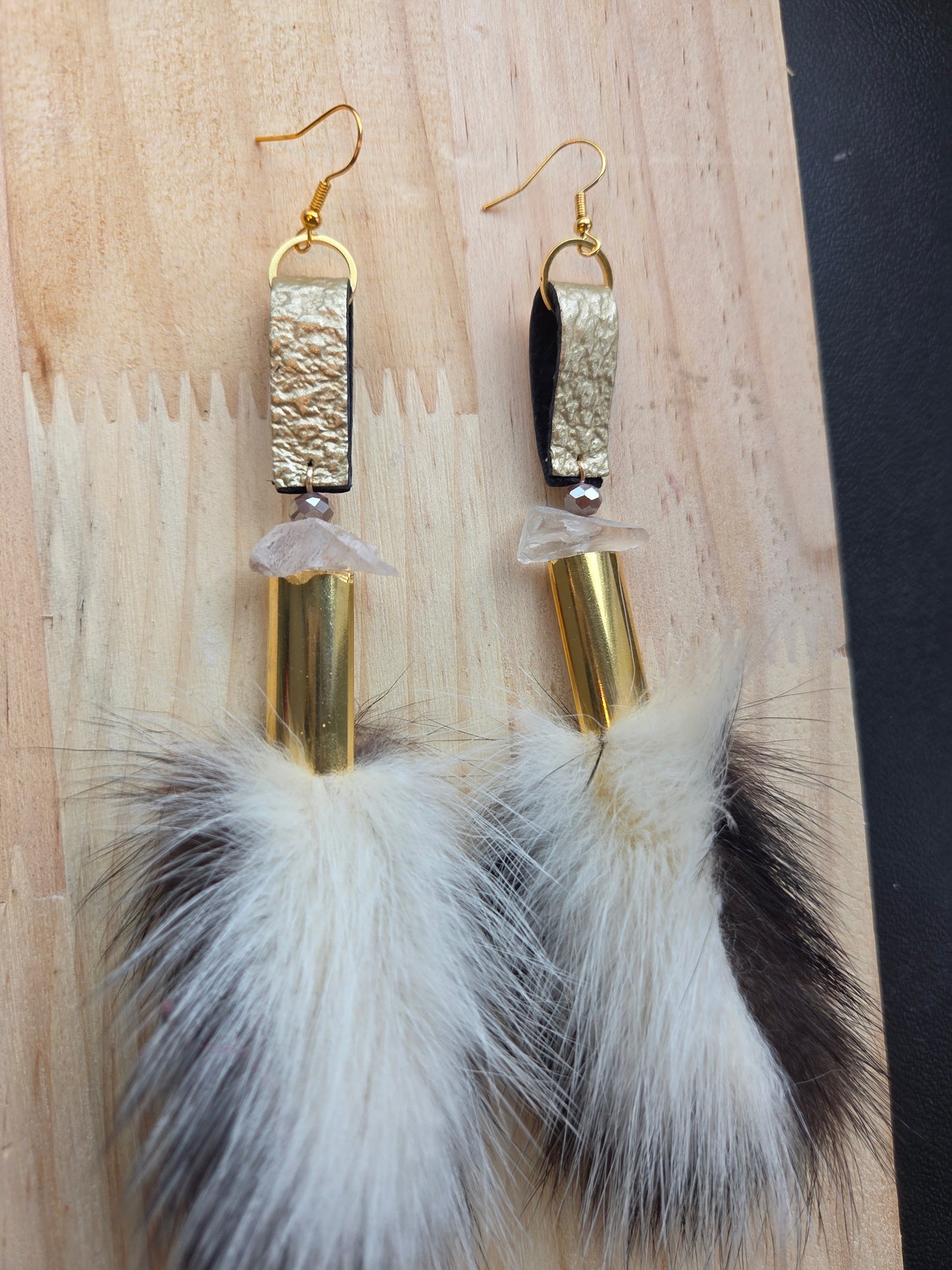 Skunk Medicine Earrings - quartz and gold leather