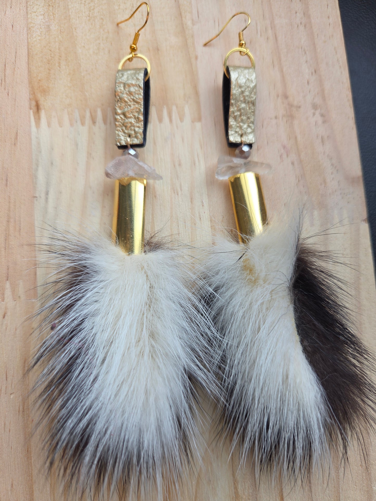 Skunk Medicine Earrings - quartz and gold leather