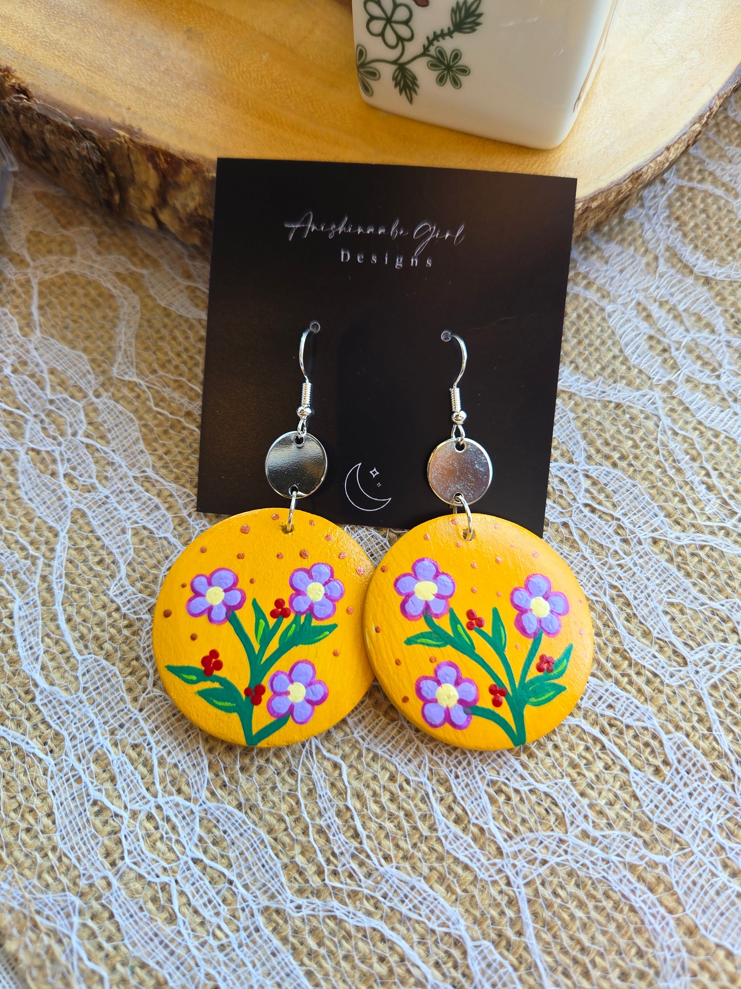 Floral Painted Circle Earrings