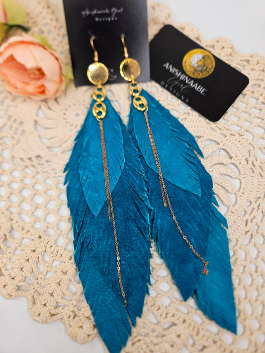 Large Statement Moosehide Leather Feather Earrings