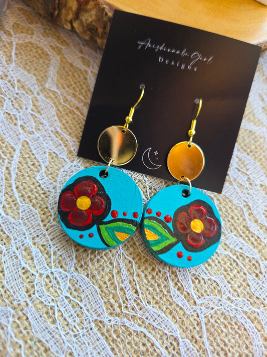 Floral Painted Circle Earrings