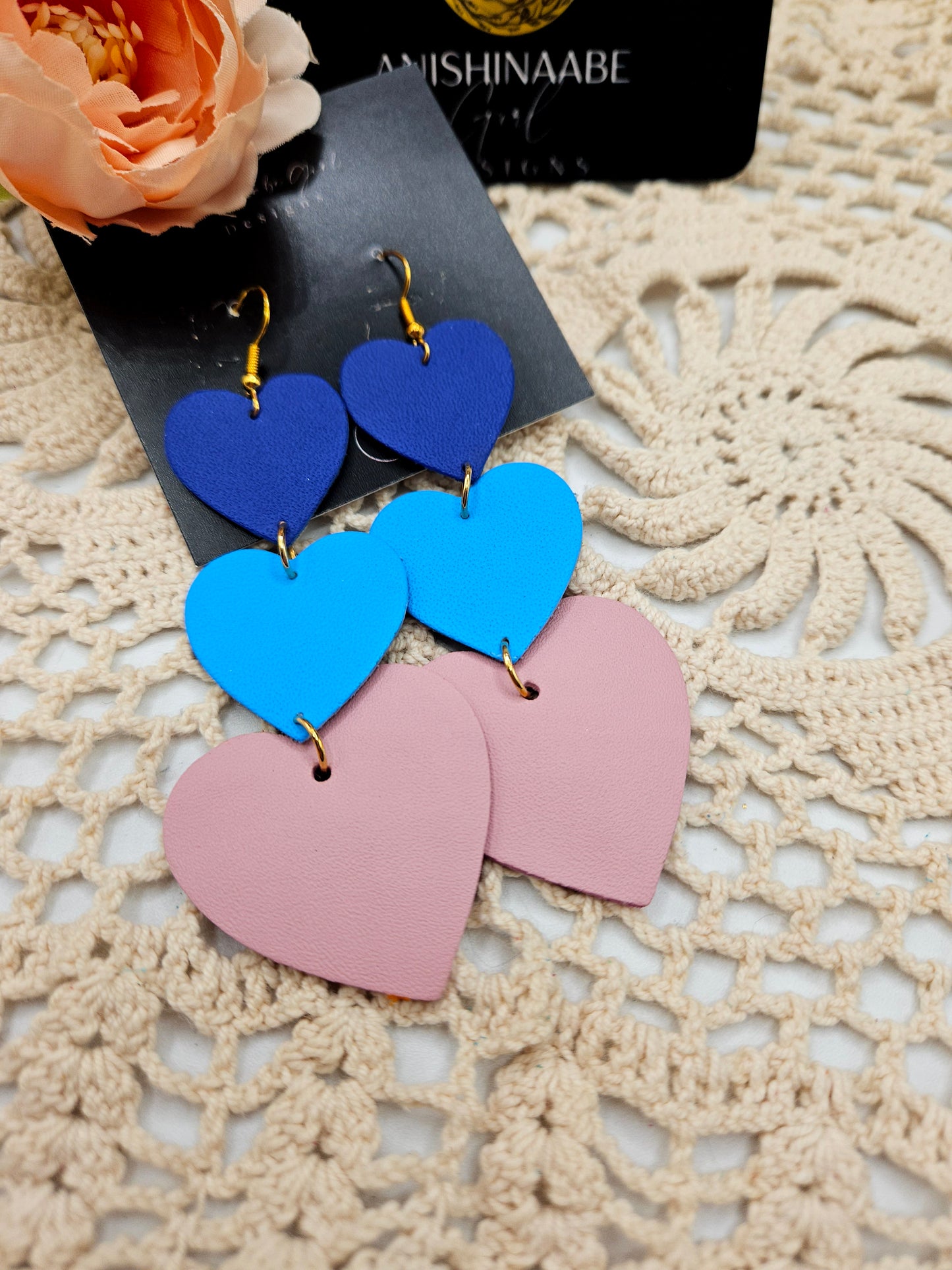Leather Blue Hearts Earrings