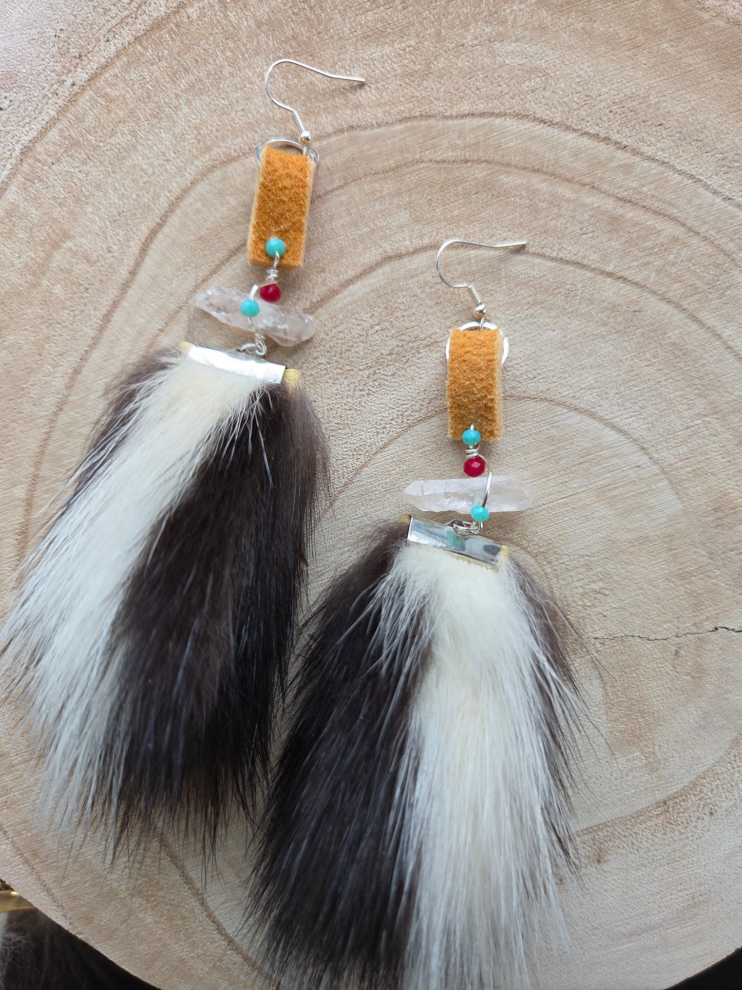 Skunk Medicine Earrings Quartz and Smoked Moosehide