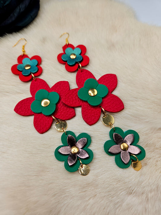 Flower Leather Shoulder Duster Earrings