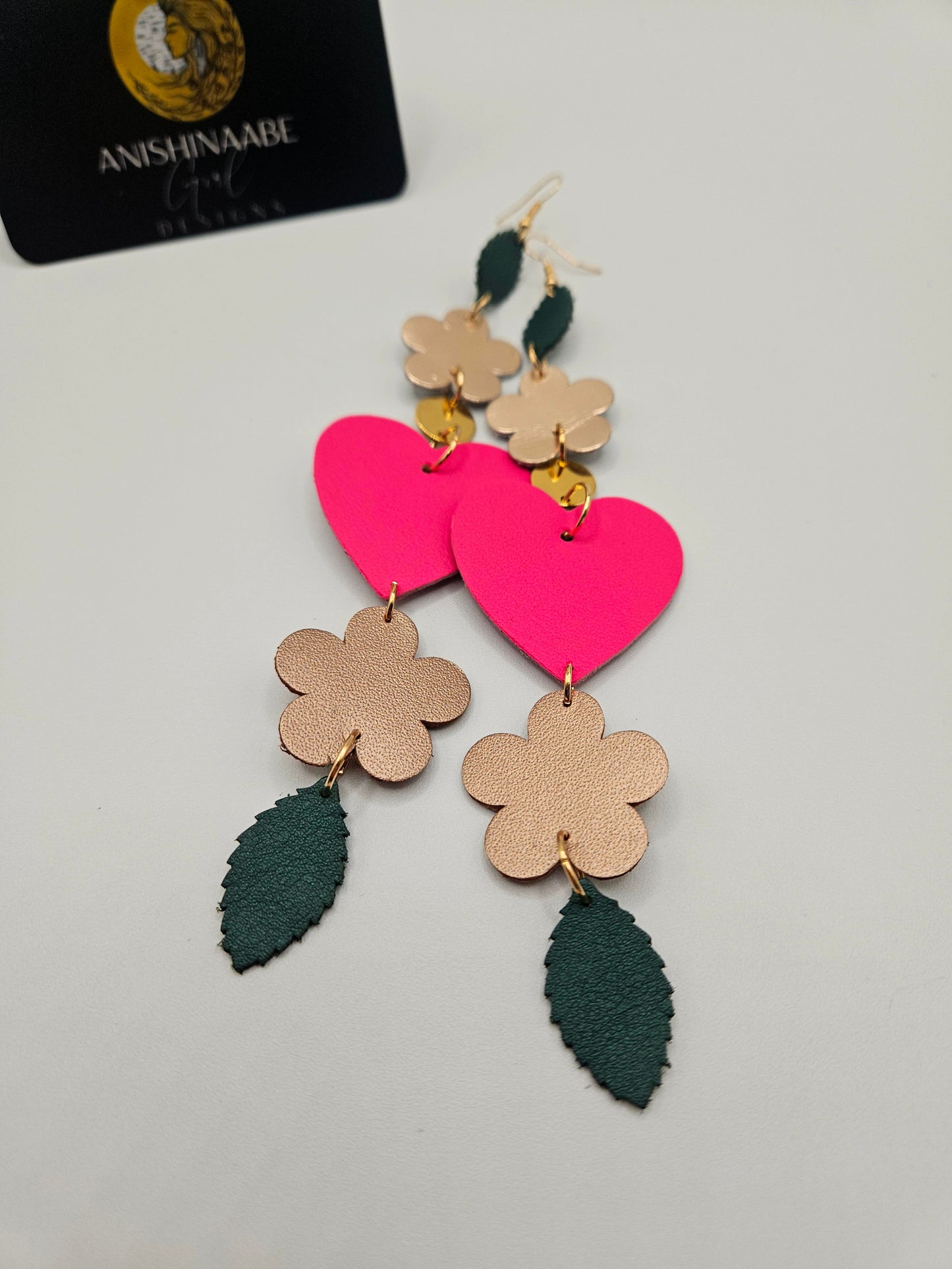 Heart Flower Leather Shoulder Duster Earrings