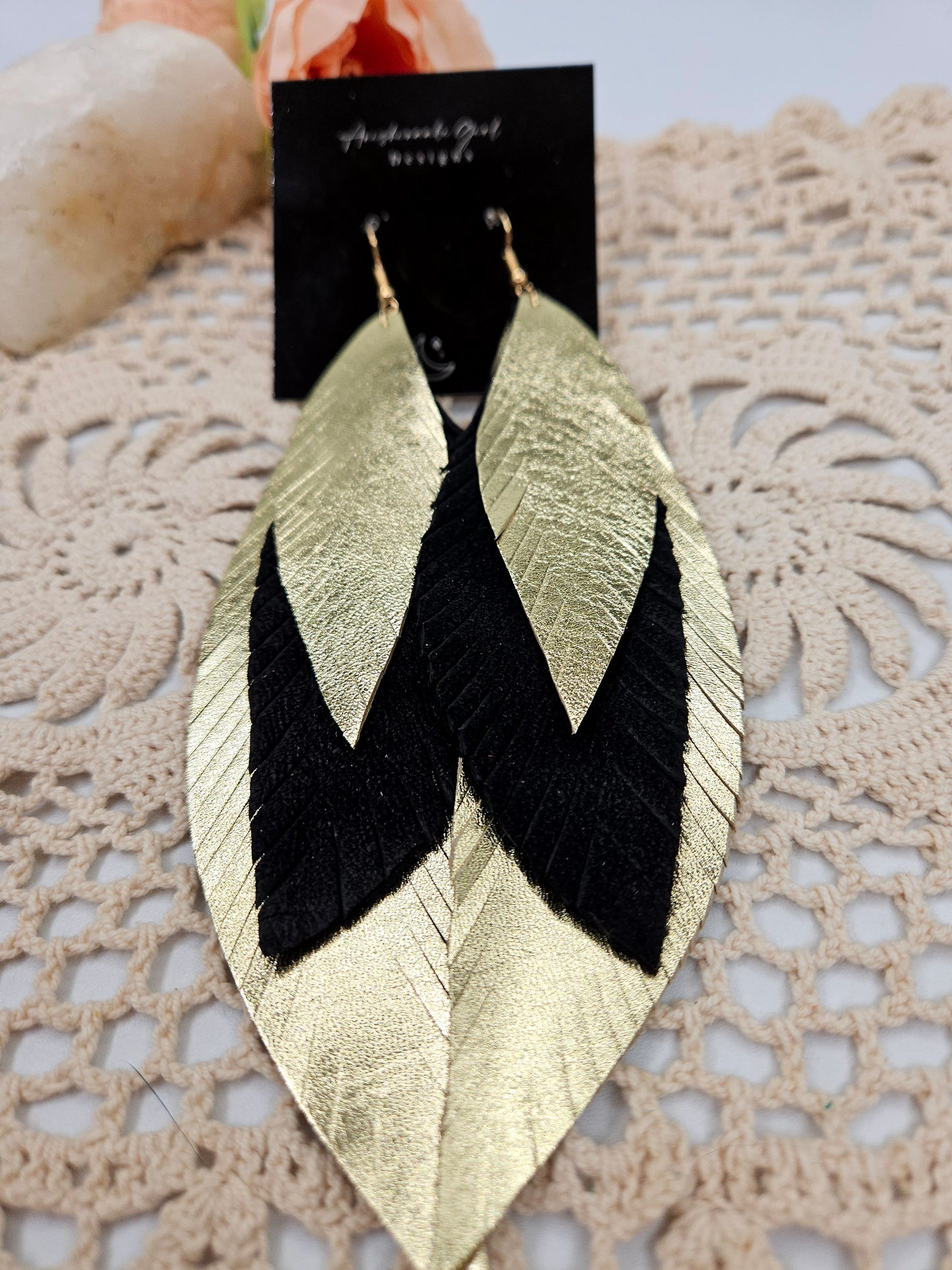 Gold and Black Leather Feather Statement Earrings
