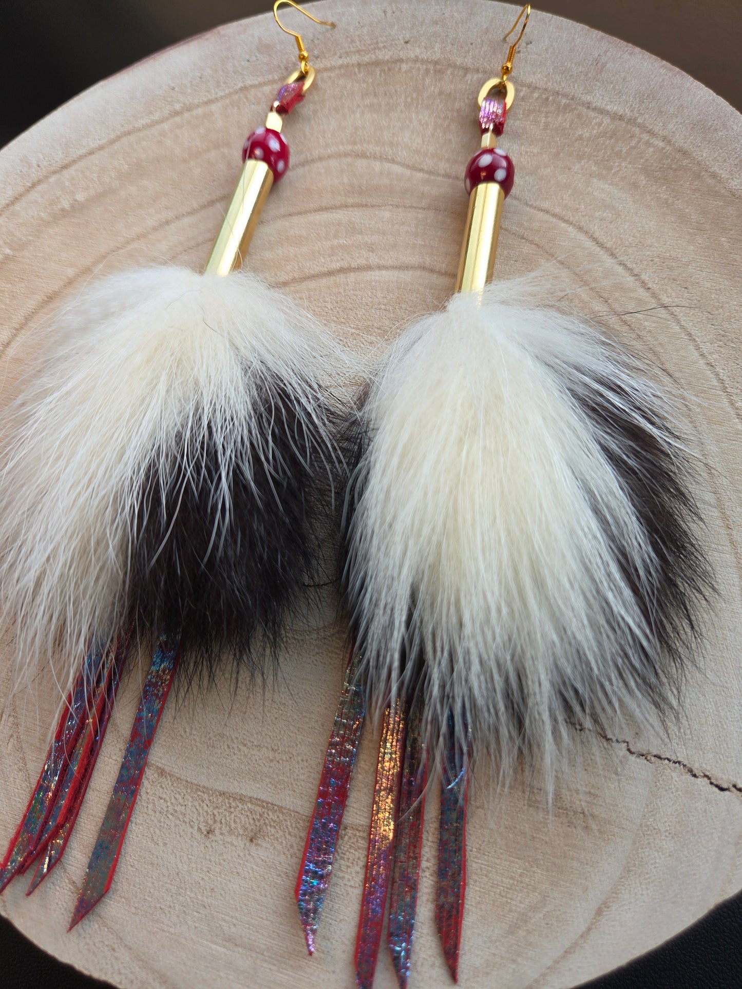 Skunk Medicine Earrings - Metallic Leather and Skunk Beads