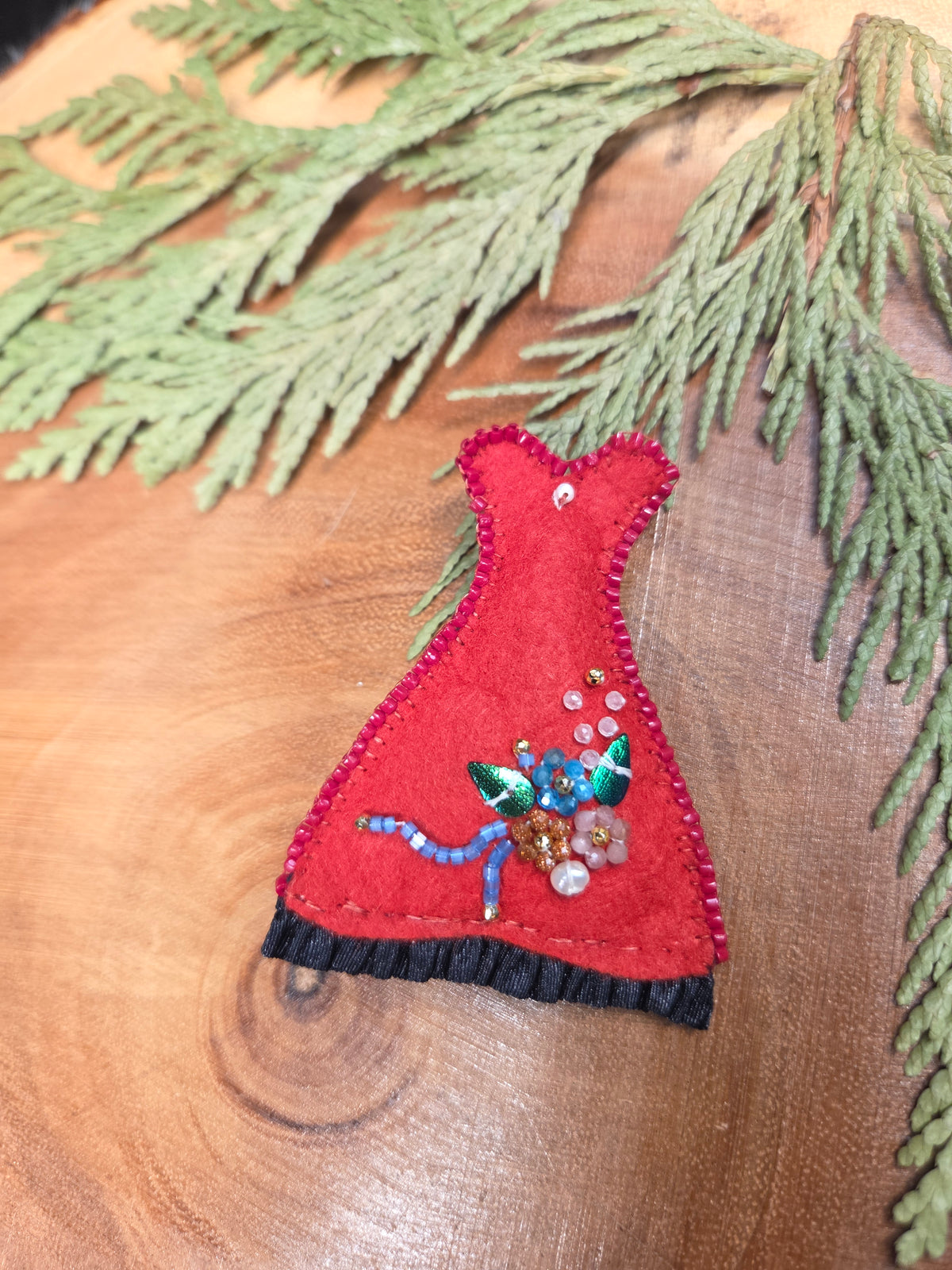 Beaded Red Dress Pin with gemstones by Anishinaabe Girl