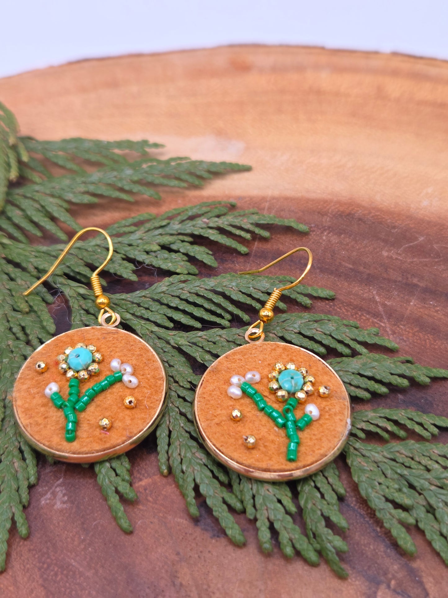 Gemstone Beaded Smoked Moosehide Earrings
