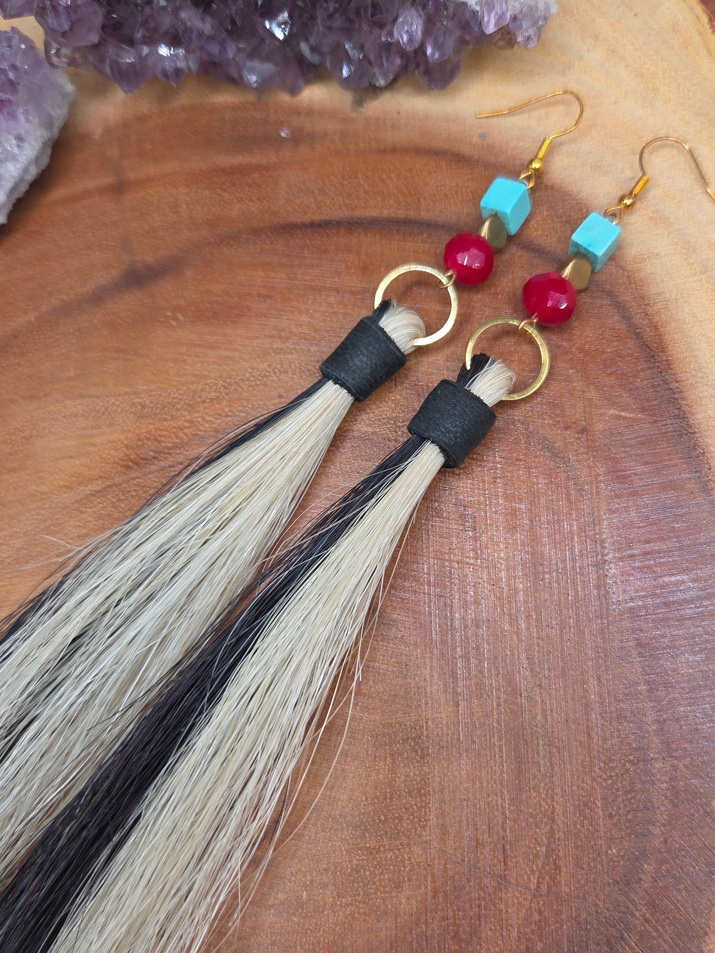 Black and White Horsehair Earrings with Moosehide