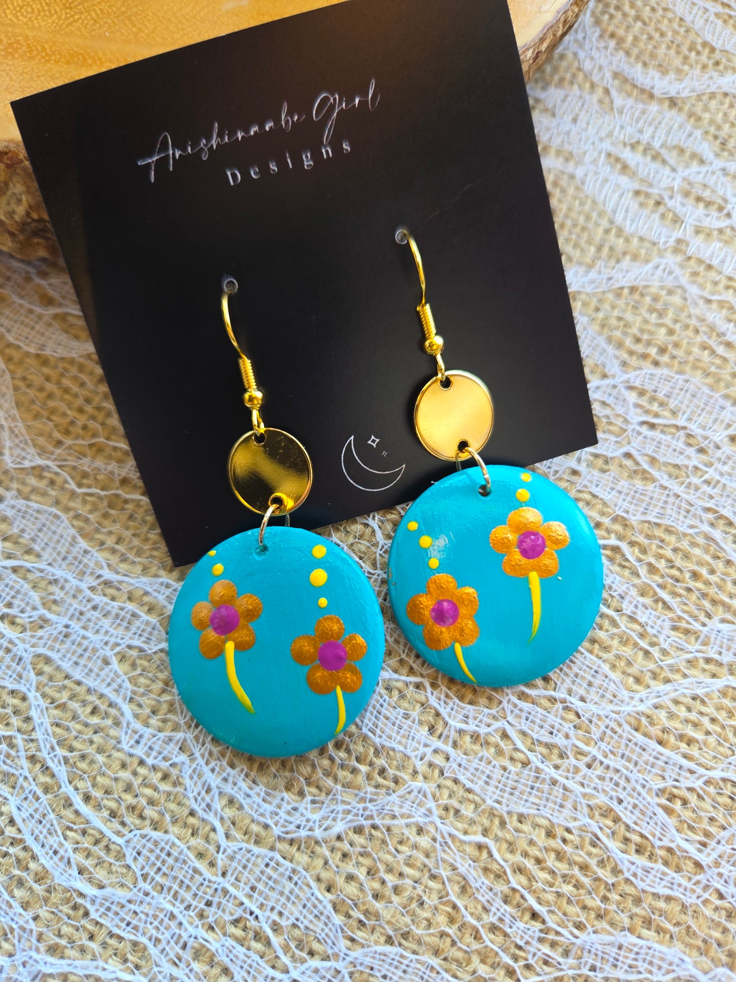 Floral Painted Circle Earrings