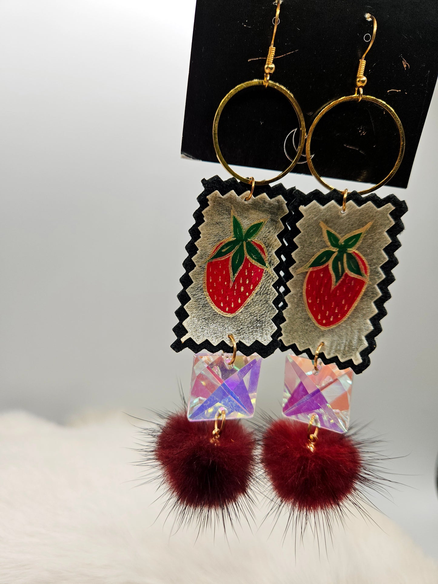 Painted Strawberry Parfleche and Mink Earrings