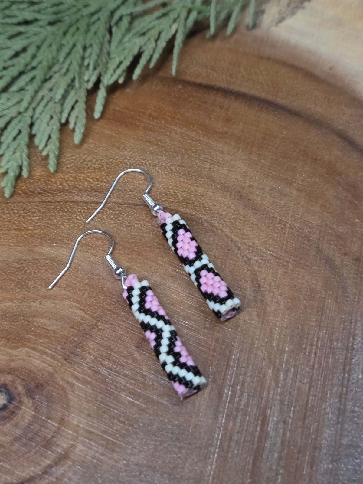 Pink Patterned Peyote Stitch Earrings by Blending Beadz