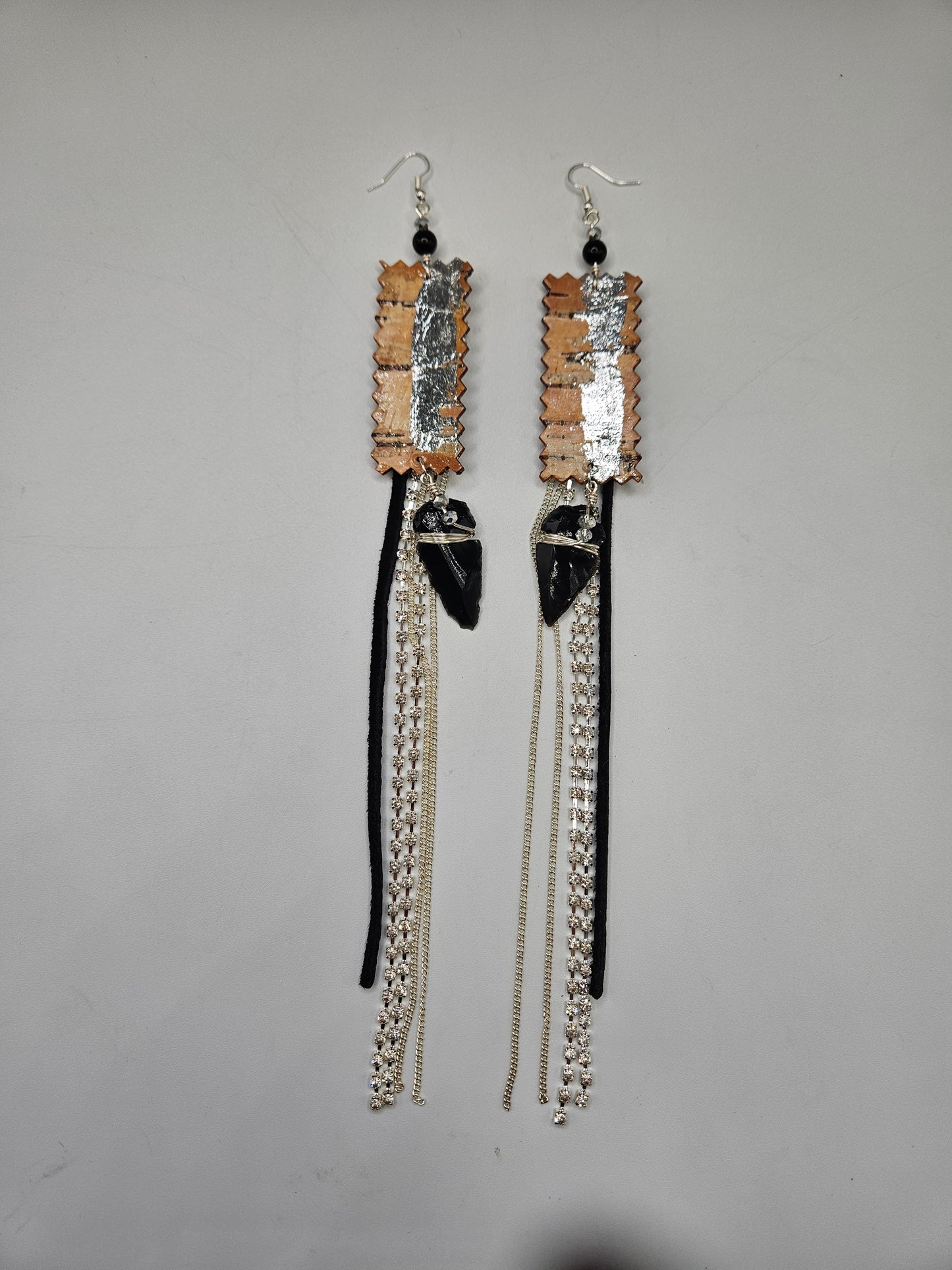 Rhinestone Tassel and Birchbark Earrings