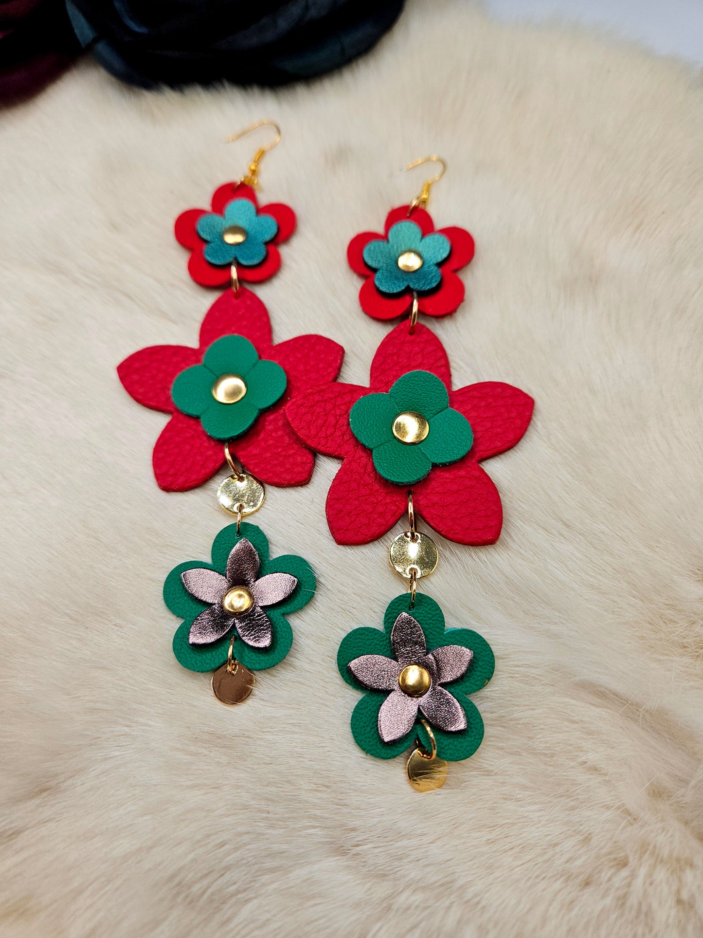 Flower Leather Shoulder Duster Earrings