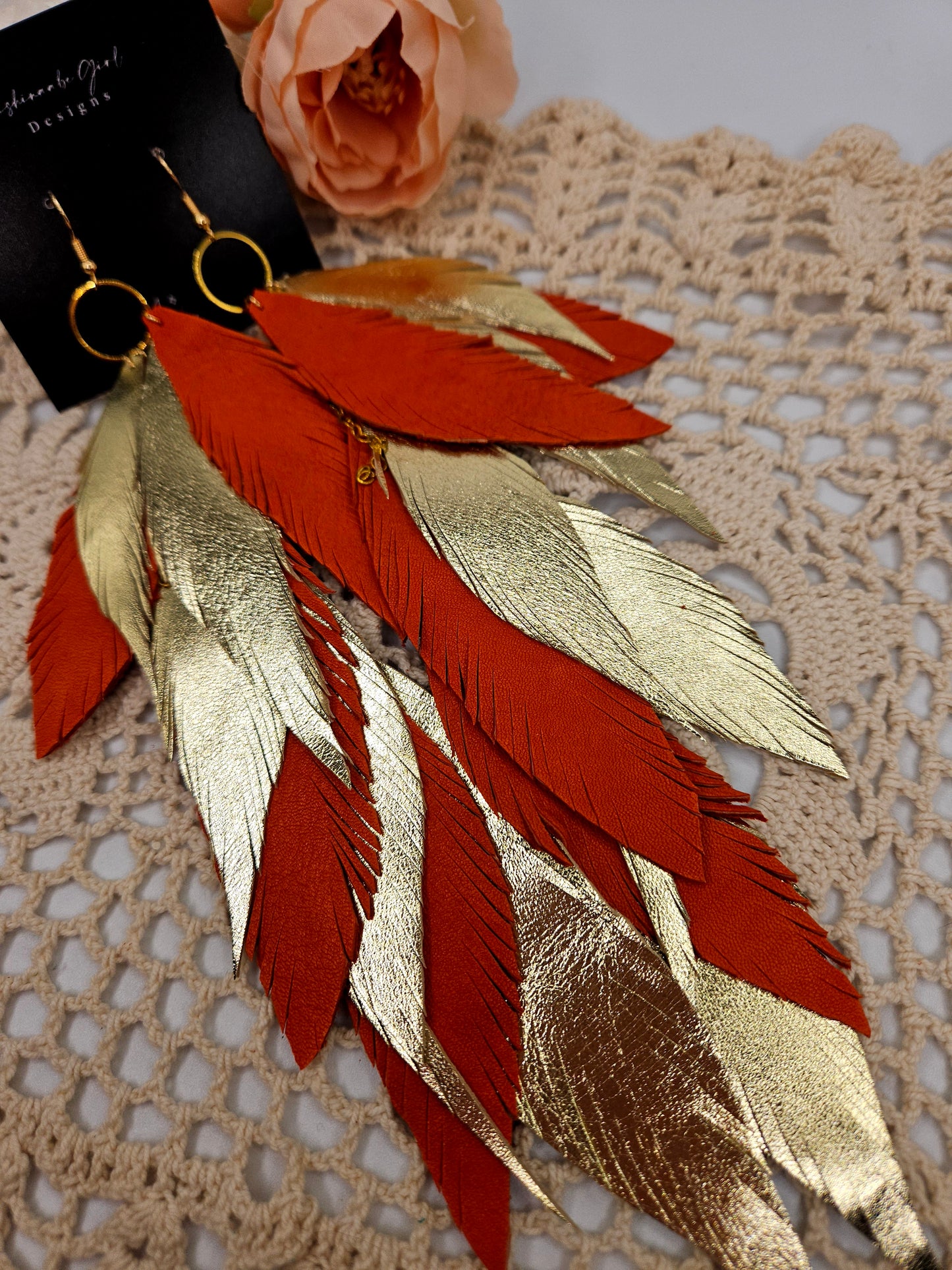 Extra Long Gold and orange Leather Feather Statement Earrings