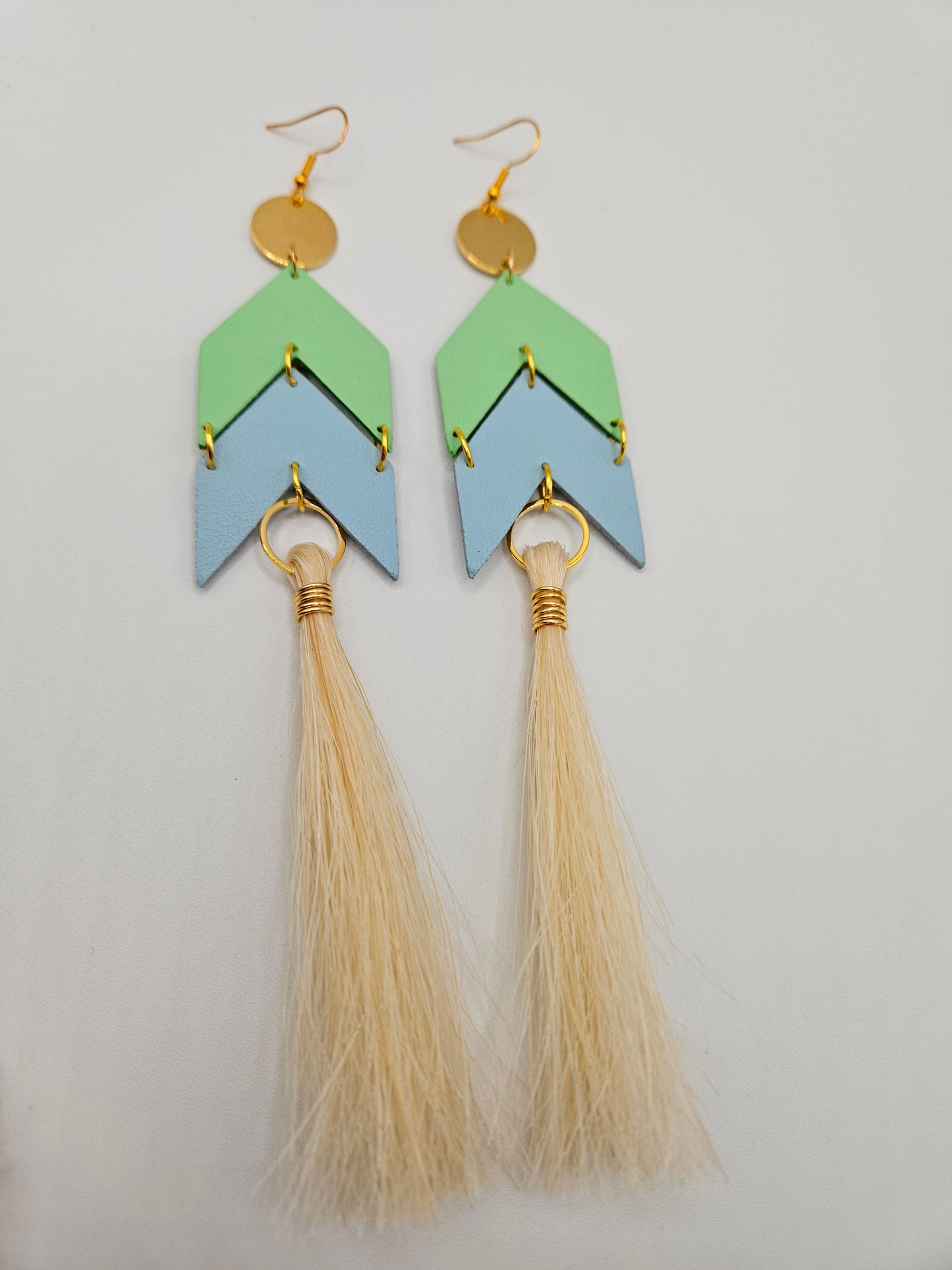 White Horsehair and Leather Chevron Earrings