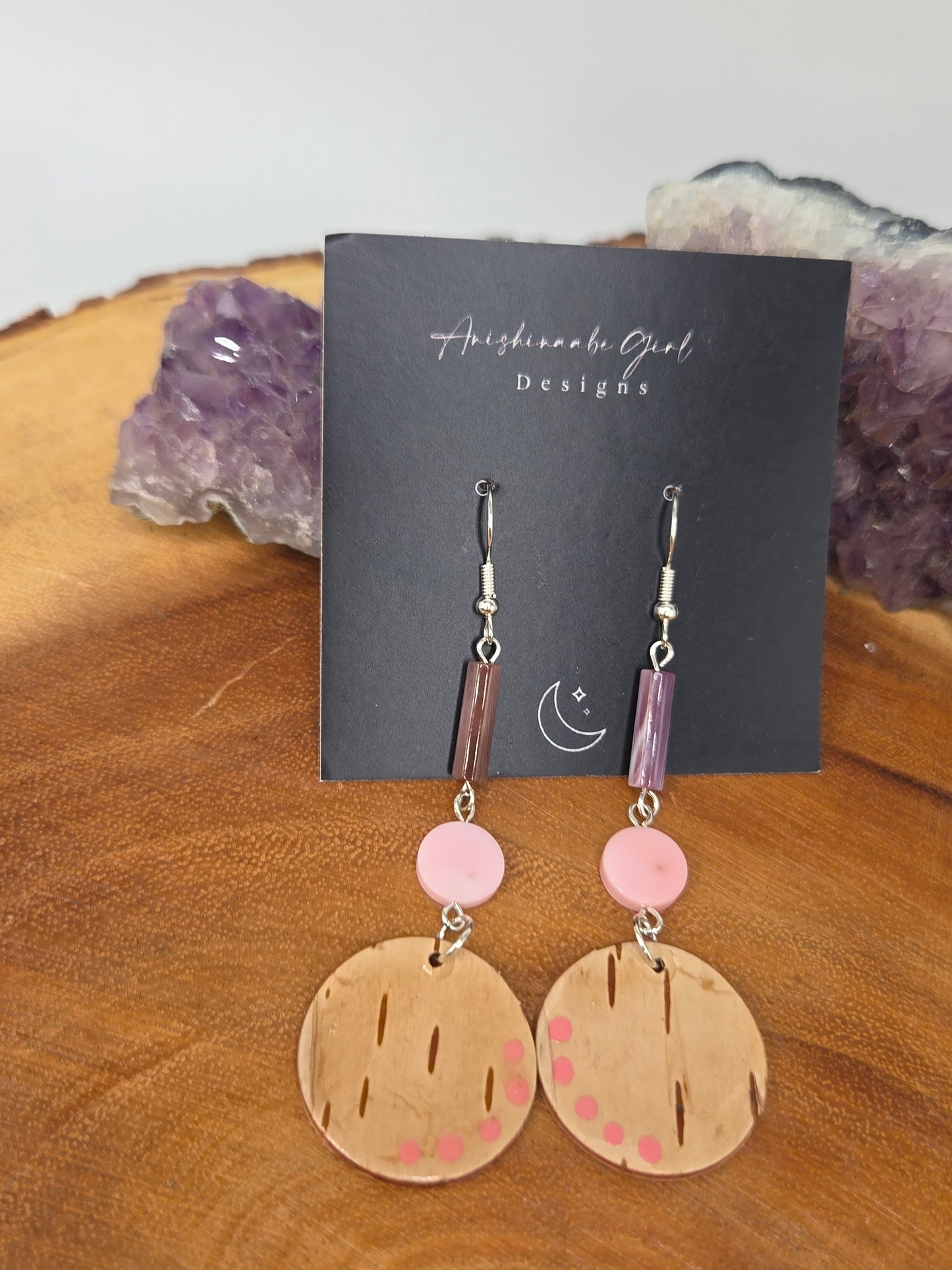 Queen Conch, Wampum and Birchbark  Earrings