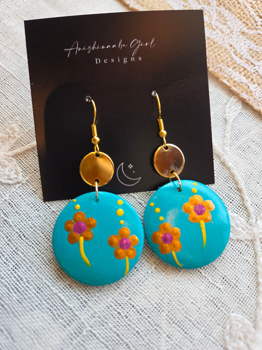 Floral Painted Circle Earrings