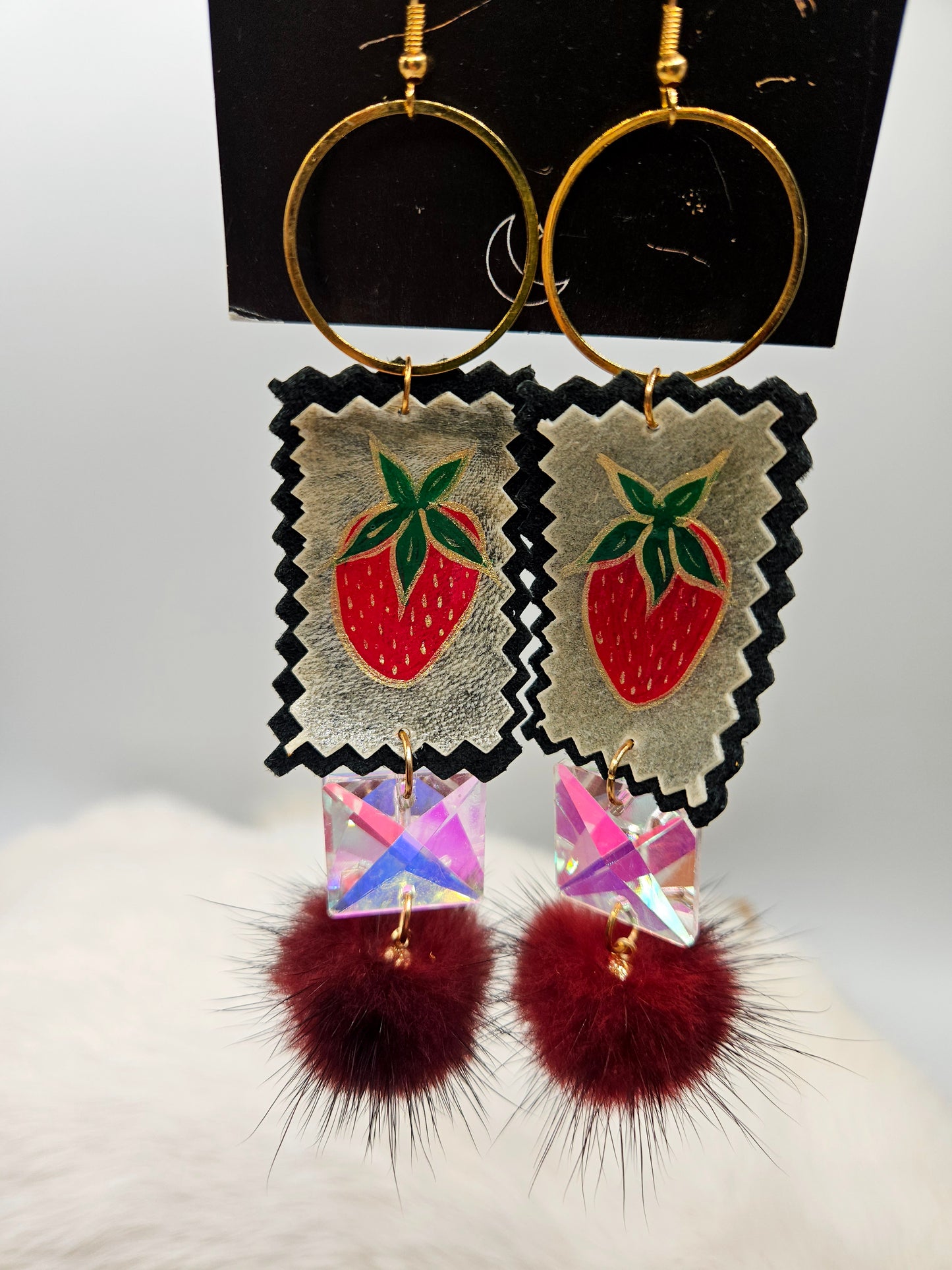 Painted Strawberry Parfleche and Mink Earrings