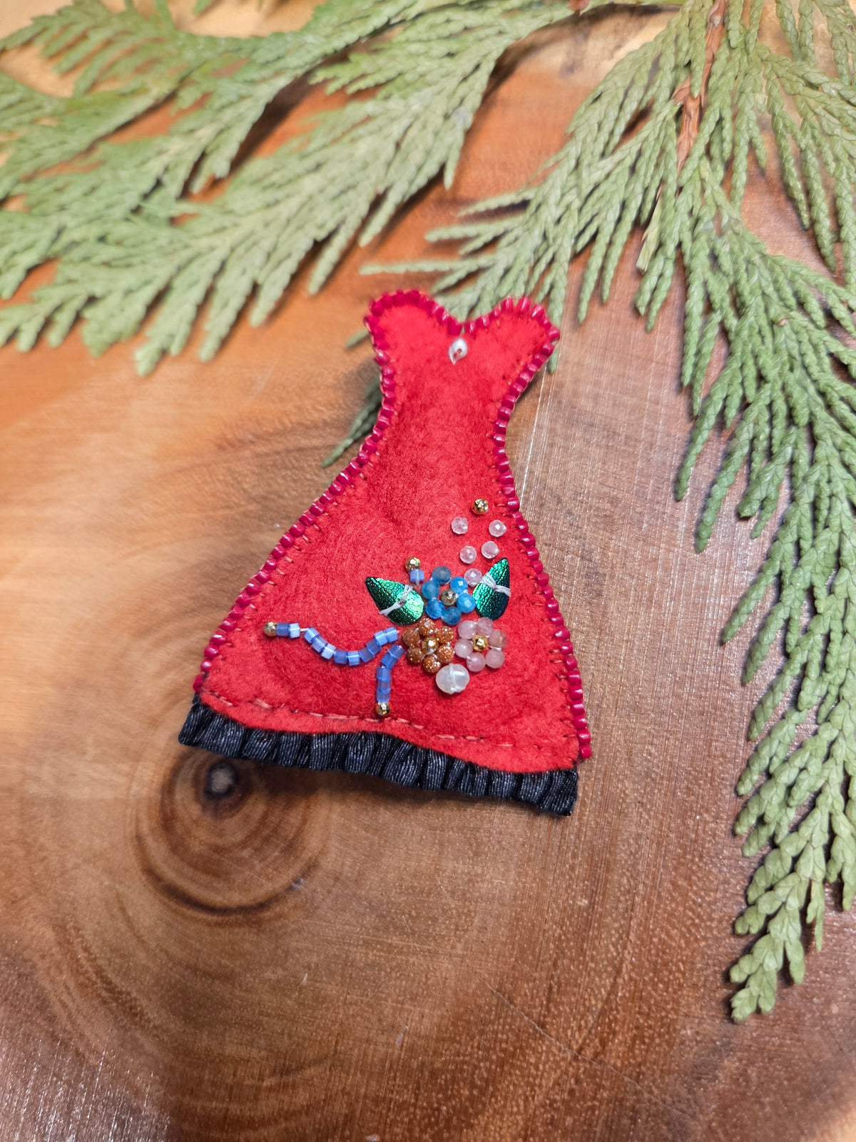 Beaded Red Dress Pin with gemstones by Anishinaabe Girl