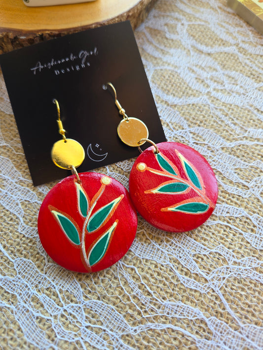 Red Floral Painted Circle Earrings