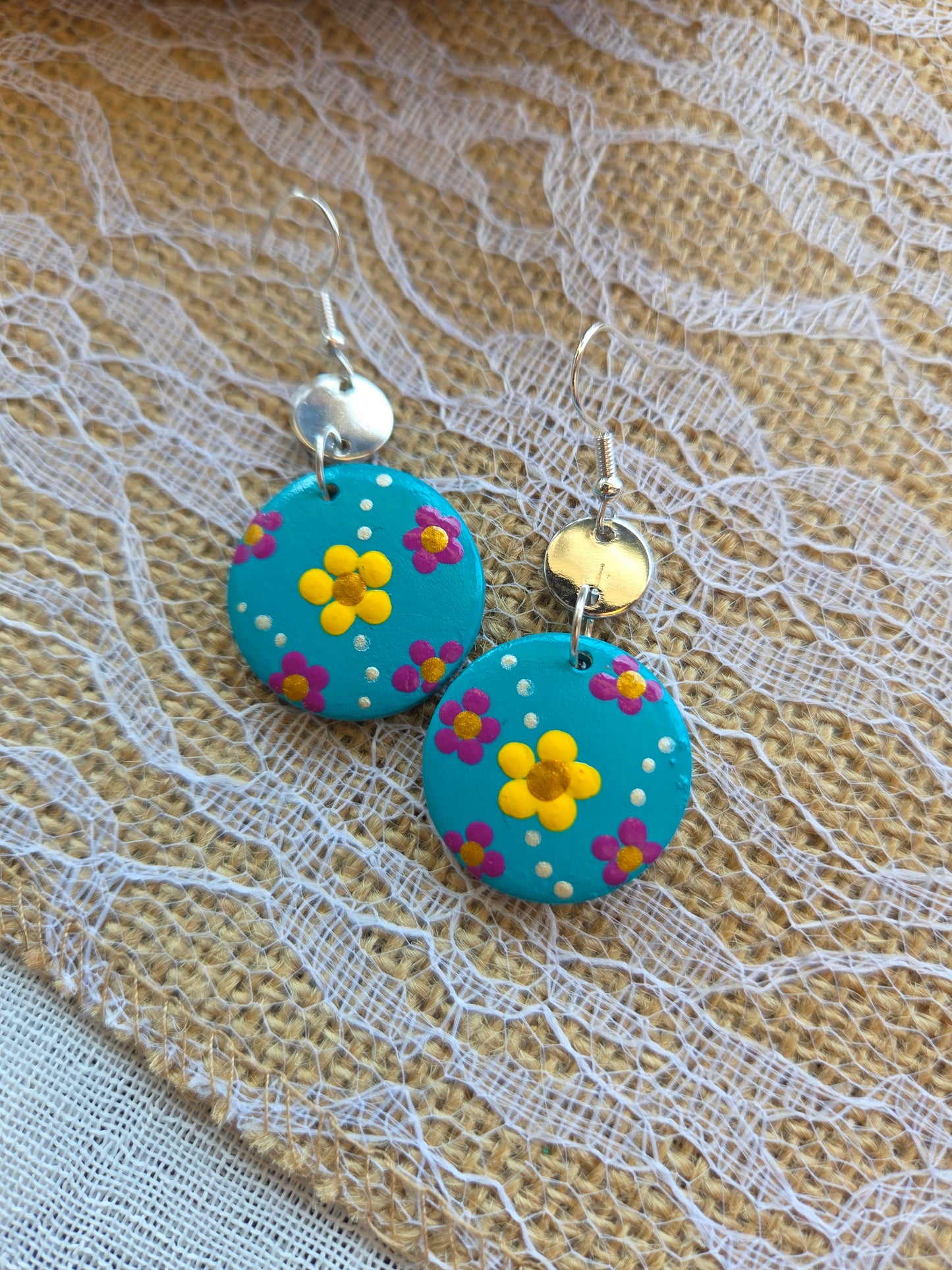 Floral Painted Circle Earrings