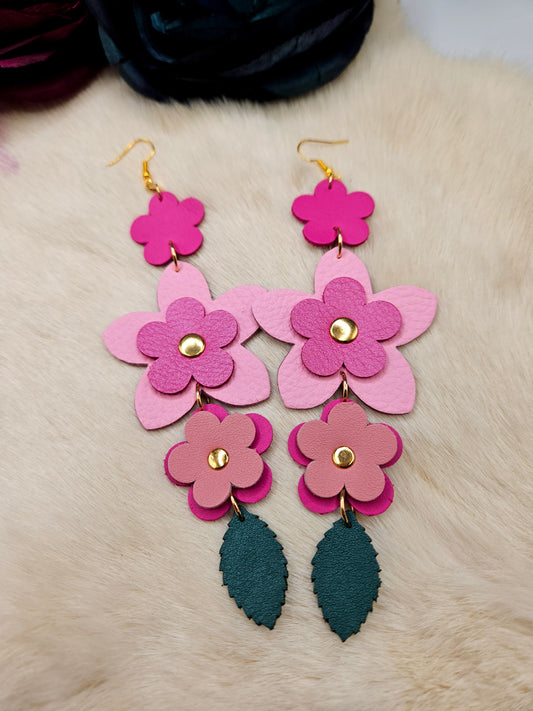 Flower Leather Shoulder Duster Earrings