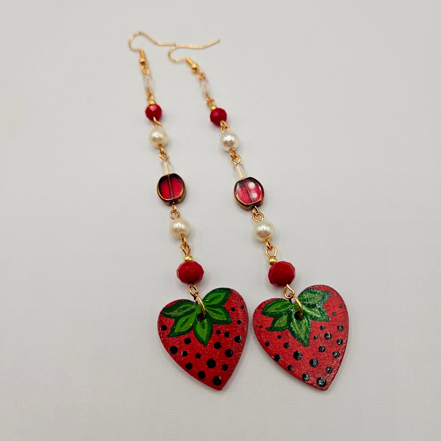 Long Strawberry Painted Wooden Earrings