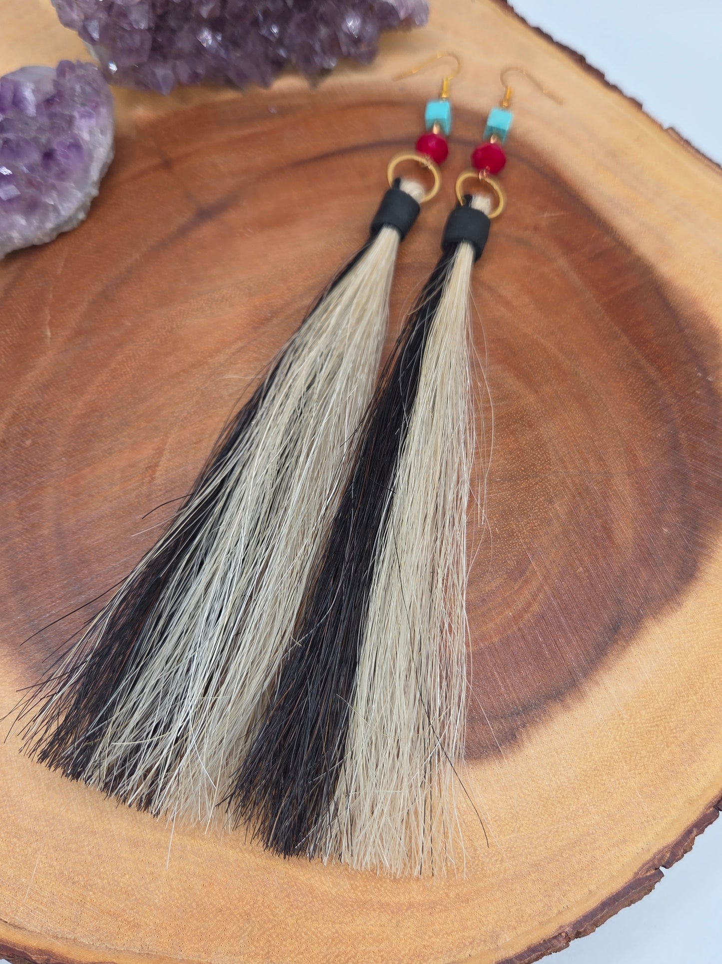 Black and White Horsehair Earrings with Moosehide