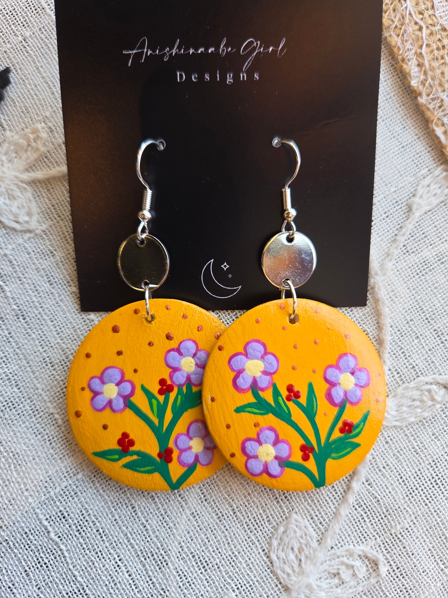 Floral Painted Circle Earrings