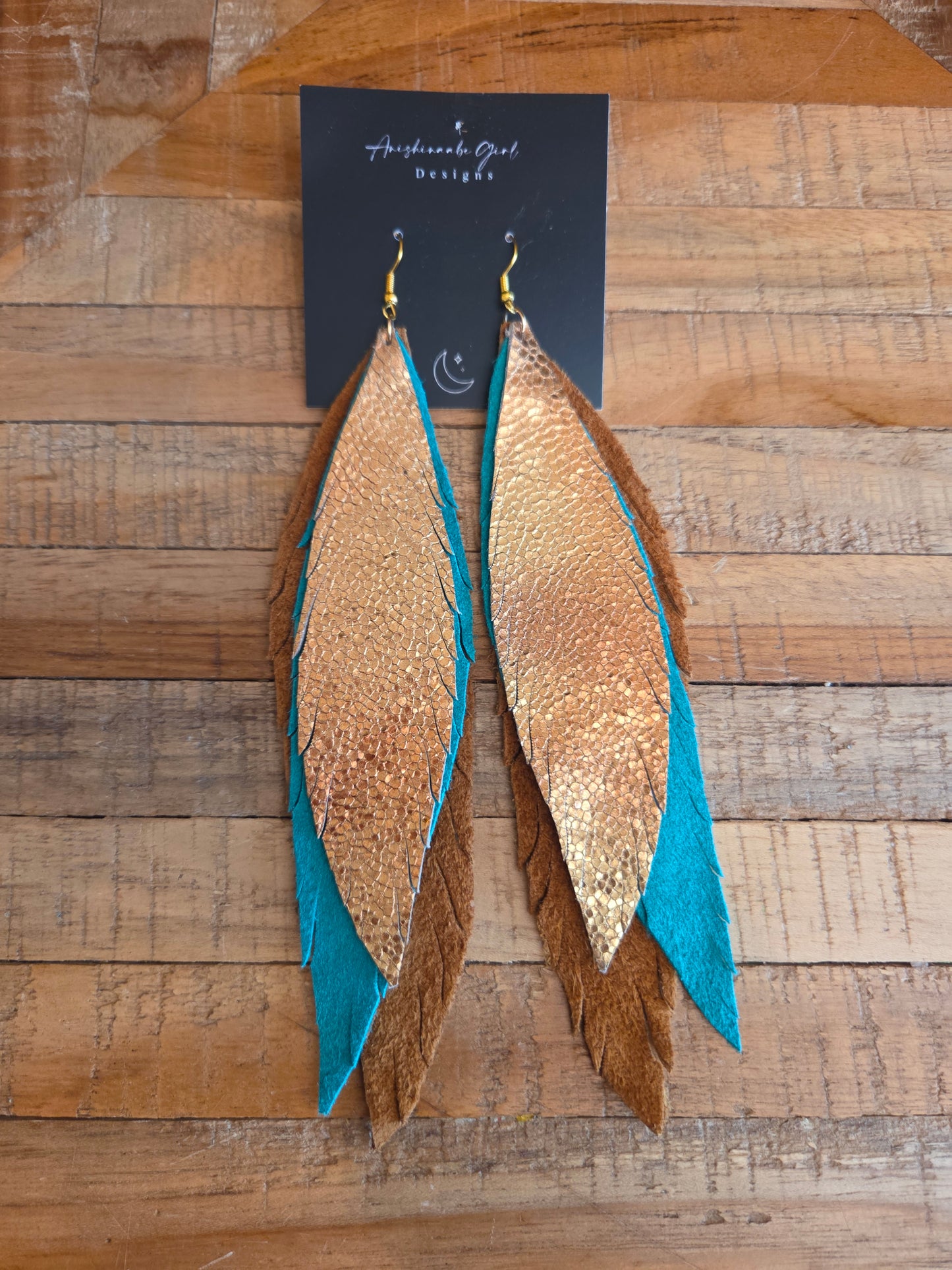 Moosehide and Metallic Leather Feather Earrings