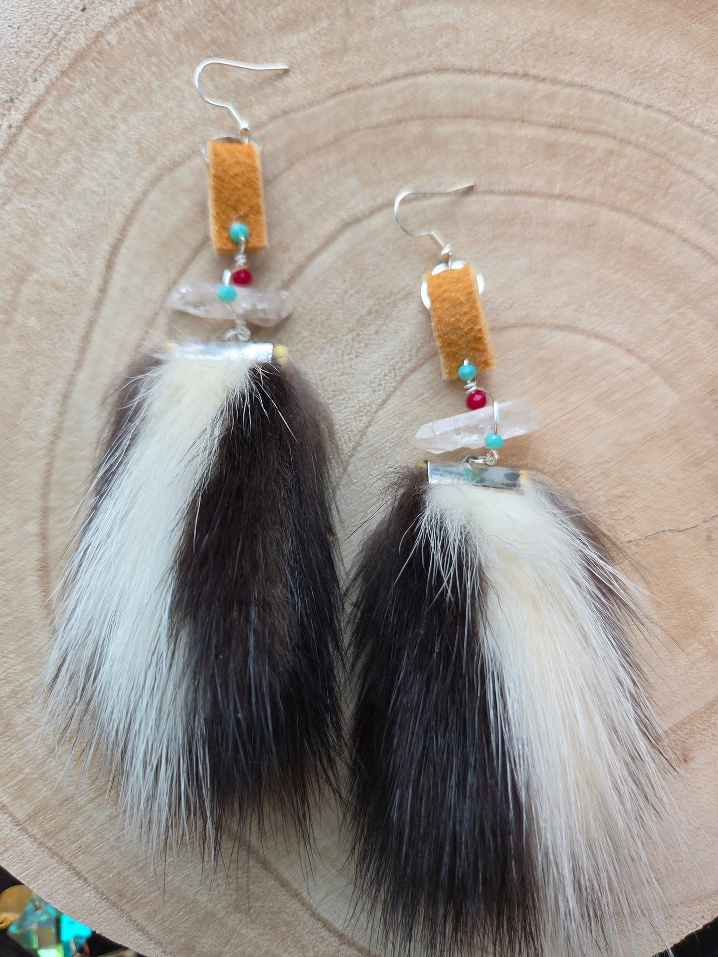 Skunk Medicine Earrings Quartz and Smoked Moosehide