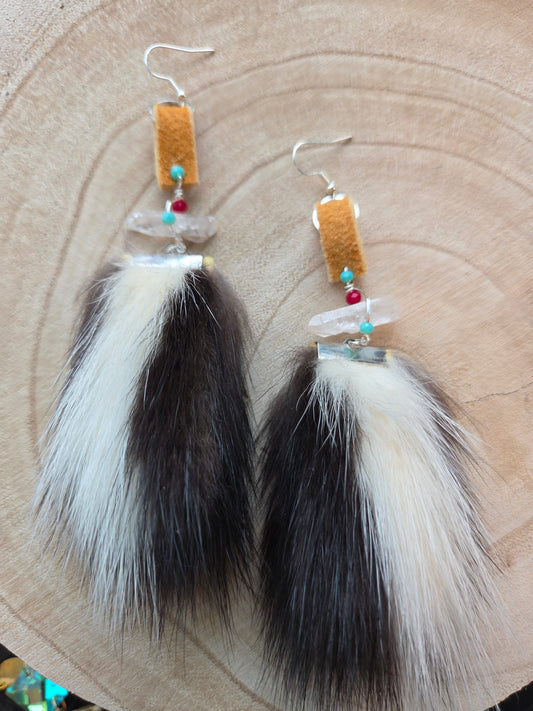 Skunk Medicine Earrings Quartz and Smoked Moosehide