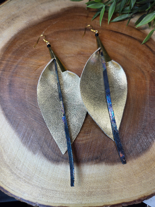 Leather Feather Earrings Gold