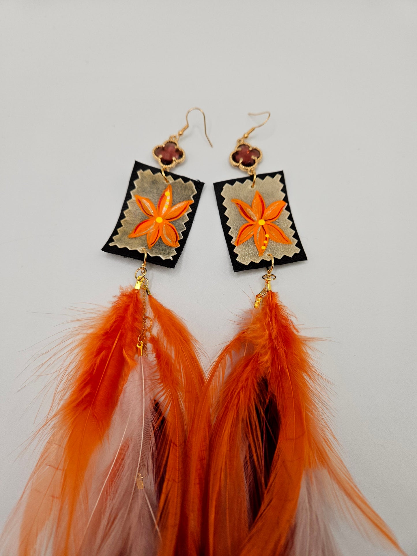 Floral Orange & Burgandy Feather Earrings