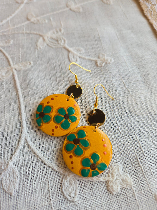Floral Painted Circle Earrings