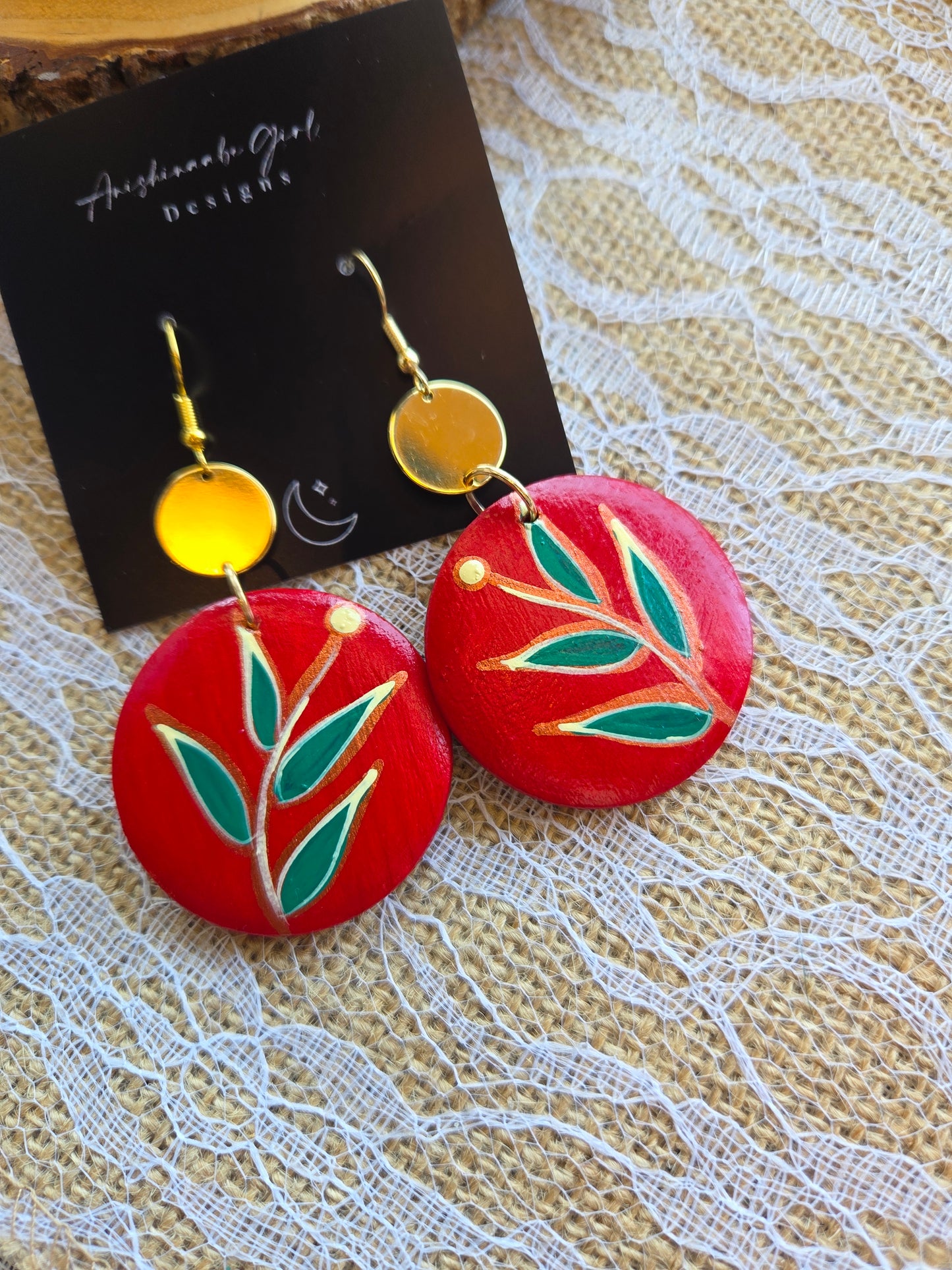 Red Floral Painted Circle Earrings