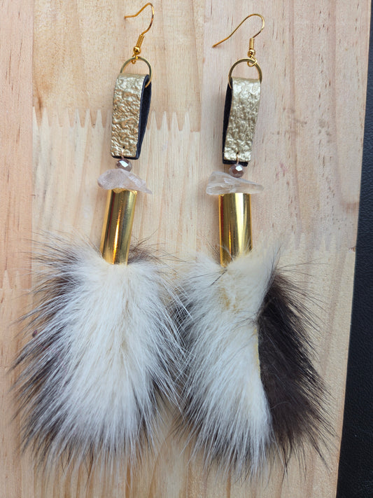 Skunk Medicine Earrings - quartz and gold leather