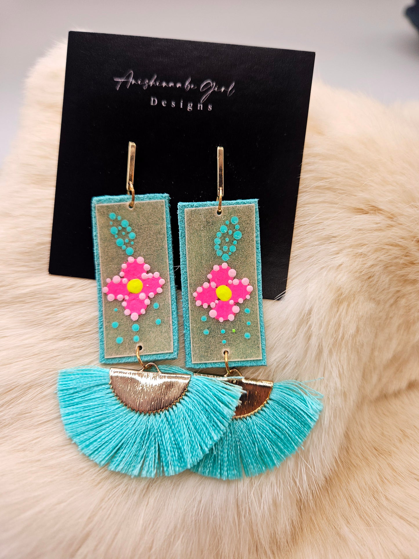 Turquouse Leather Painted Rawhide Parfleche Earrings