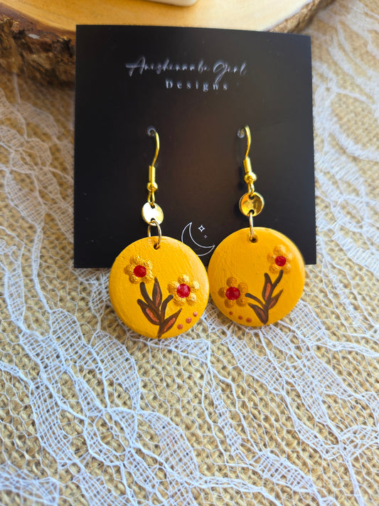 Floral Painted Circle Earrings