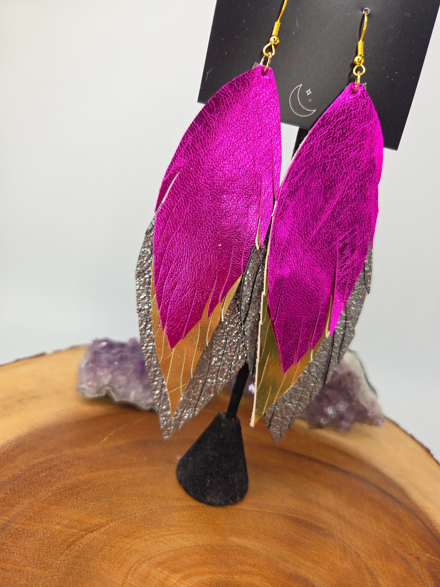 Pink, Gold, Silver Metallic Leather Feather Earrings