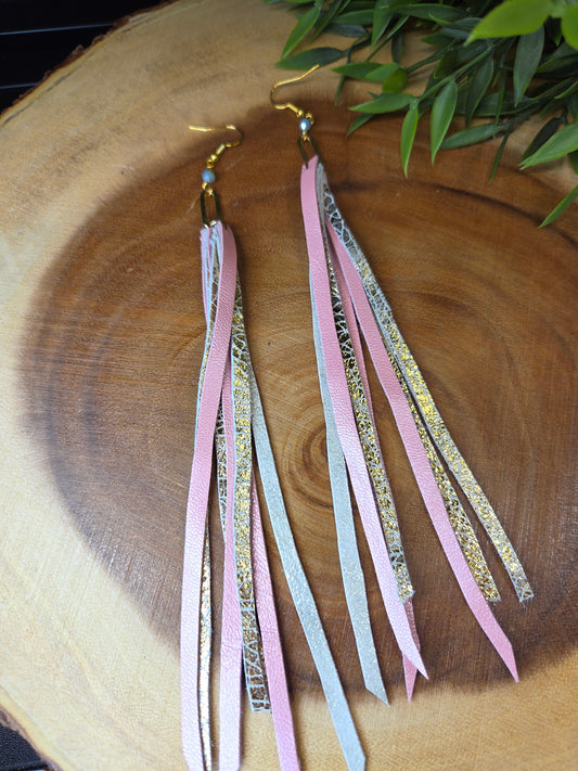 Pinks Leather Fringe Earrings