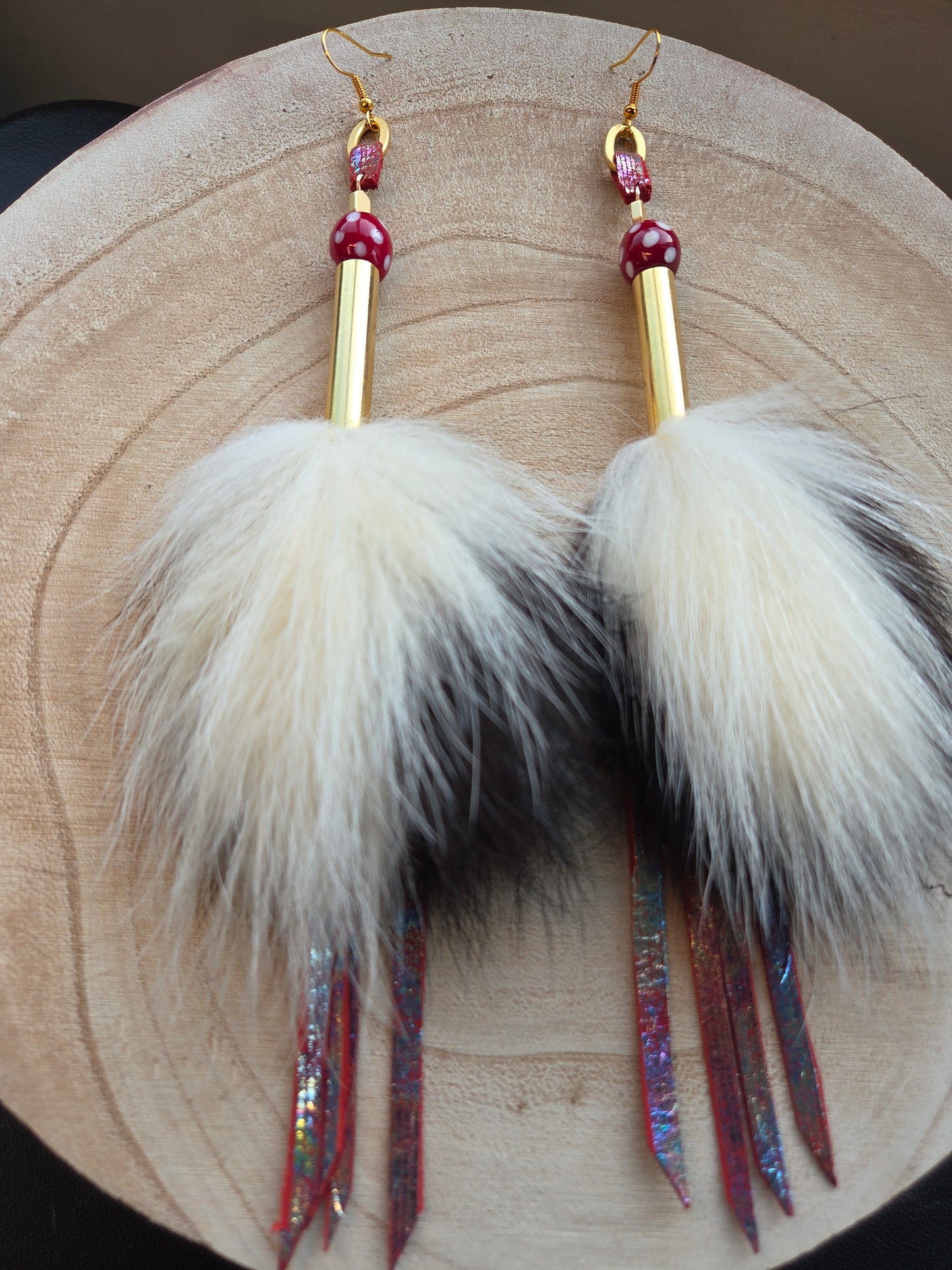 Skunk Medicine Earrings - Metallic Leather and Skunk Beads