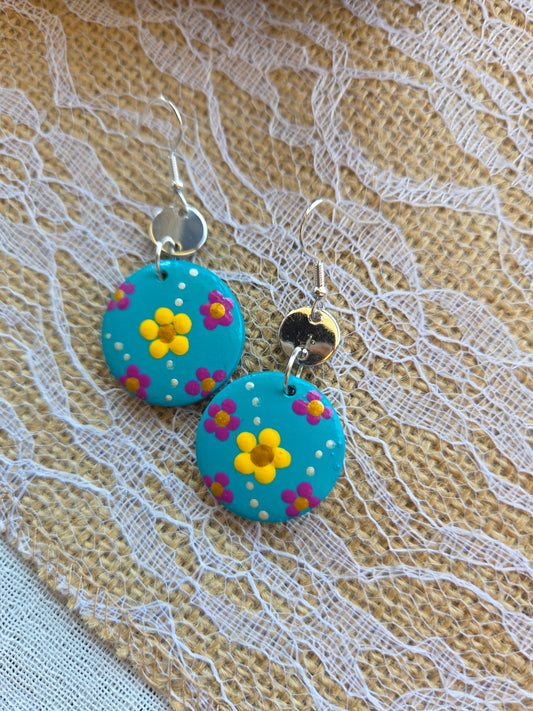 Floral Painted Circle Earrings