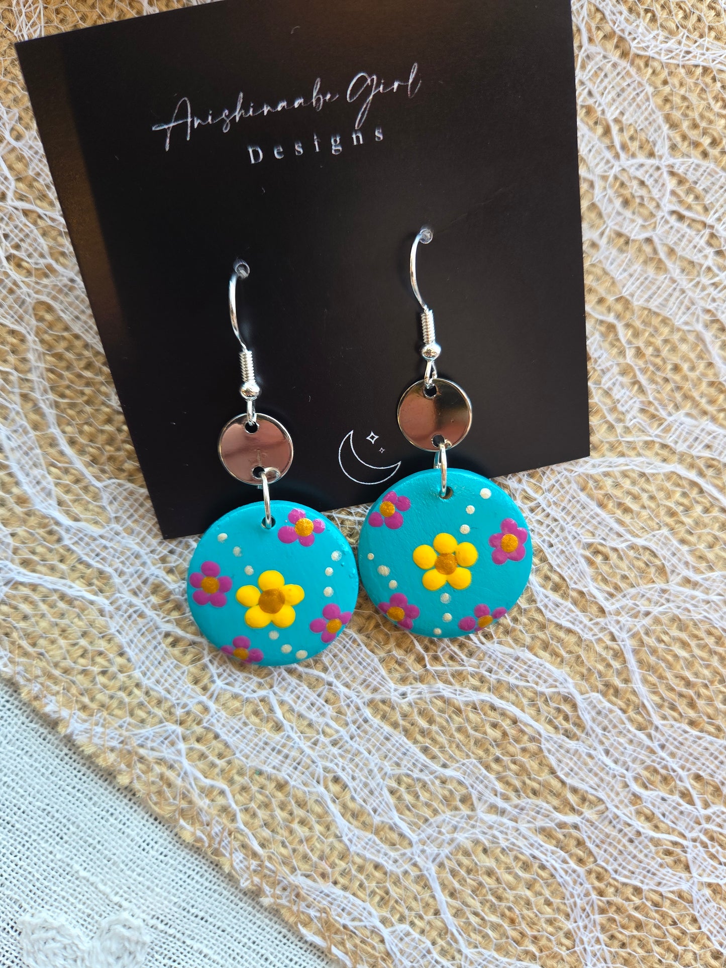 Floral Painted Circle Earrings